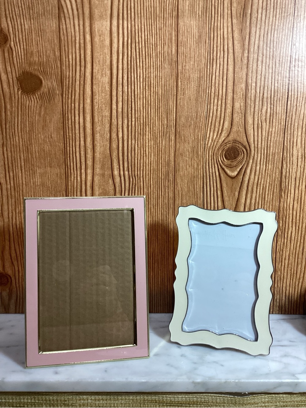 Set of Two Decorative Enamel Picture Frames in Pink and Cream